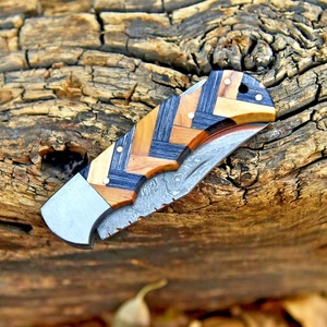 Couteau de poche pliant artisanal en acier Damas cuivré, manche en bois, étui en cuir, couteau de survie pour l'extérieur, Skinner Knives Pasha Enterprises - Product Image 4