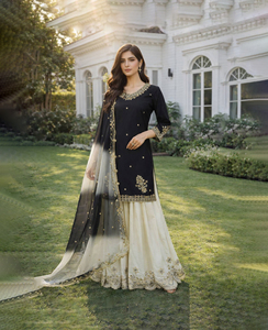 Wholesale Designer Indian Sequin Embroidered Crepe Sharara Gharara <b>Kurti</b> Set Diwali Wedding Party 3Pcs Traditional Ready To Wear - Product Image 1