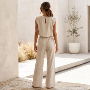 100% <b>Linen</b> Solid Washed Sweet Pleated Vintage Summer Daily Wear Beading Co-ord <b>Set</b> Women Regular Fit Short Shirt Full Length - Product Image 3