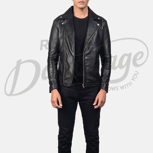 Blouson de motard en cuir noir pour homme, coupe ajustée, en véritable peau de mouton, automne-hiver, décontracté, style motard, vêtement d'extérieur tendance - Product Image 5