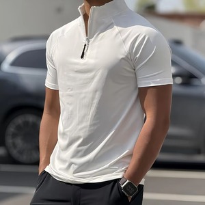 T-shirt zippé vintage homme style euro-américain pour sports et fitness d'été en extérieur, séchage rapide, haute élasticité, col montant, couleur unie, 180g - Product Image 4