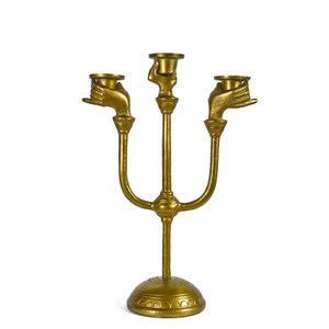 Unique antique gold <b>candelabra</b> featuring artistic hand-shaped holders for three candles. Available at wholesale price. - Product Image 1