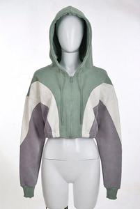 Custom Women Color Block Cropped Hoodie Zip Up <b>Patchwork</b> Sweatshirt Streetwear Sage Green Casual Long Sleeve Hooded Jacket <b>Tops</b> - Product Image 4
