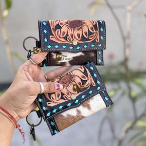 Western Hair on Cowhide Leather New Hand Tooled Carving Small <b>Wristlet</b> Coin Purse Multi Uses Mini Wallet for Women Western Gifts - Product Image 1