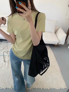 T-shirt pour femme 100% coton, col rond, couleur unie, manches courtes, décontracté, respirant, coupe ample, plissé, tricoté, printemps été - Product Image 5