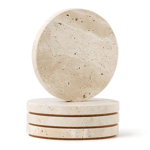 Juego de Posavasos de Piedra de Travertino Natural Hechos a Mano con Base de Corcho, Posavasos Redondos para Mesa de Café, Decoración del Hogar - Product Image 1