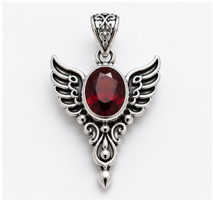 Red Garnet Silver Pendant, Sterling Silver Wing Pendant, Garnet <b>Necklace</b>, Gothic Angel Pendant, Red Gemstone - Product Image 1