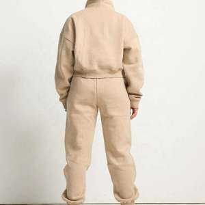 Womens Beige Half Zip Sweatshirt And <b>Matching</b> <b>Joggers</b> <b>Set</b> Premium Heavyweight Fleece Pullover Athletic Loungewear Casual - Product Image 4