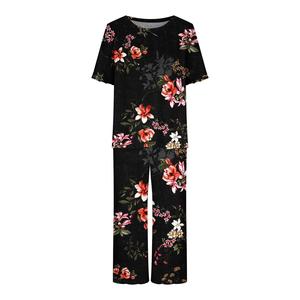 Conjunto de Pijama Informal para Primavera/Verano, 95% Poliéster, 5% Elastano, Tejido Suave, Estampado Floral, Cintura Elástica, Cierre Frontal Rápido - Product Image 3