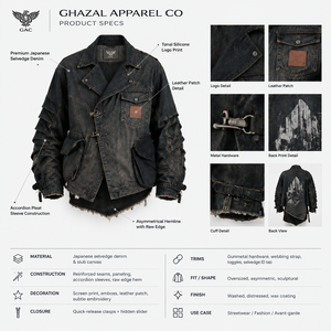 Chaqueta de mezclilla encerada negra oversize para hombre, con dobladillo deshilachado asimétrico, mangas acordeón, estilo streetwear, diseño personalizado - Product Image 5