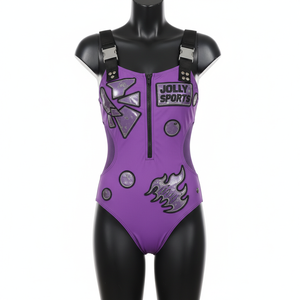 Maillot de bain une pièce pour femme en polyester et élasthanne, tissu extensible premium, panneau en maille violette, logo personnalisé - Product Image 5