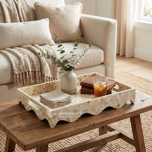 Plateau de service rectangulaire de luxe fait main avec incrustations de nacre, bord festonné, motif géométrique, qualité commerciale, compatible avec les aliments - Product Image 4