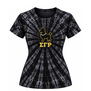 Camiseta Negra Gris con Estampado Tie Dye y Gráfico de Poodle, Manga Corta, Cuello Redondo, Informal, de Algodón para Mujer, Top de Moda - Product Image 1
