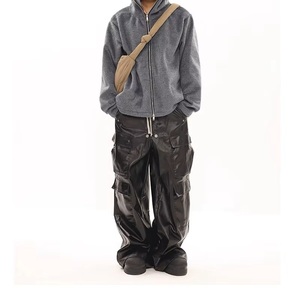 Personalized Fashionable Micro-curved <b>Jeans</b> for <b>Men</b> Retro Pleated Yellowish-brown Leather Motorcycle Pants American Trendy Brand - Product Image 3