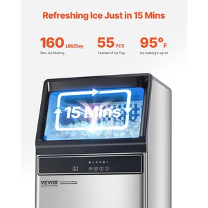 เครื่องทำน้ำแข็งแบบตั้งพื้นสำหรับครัวเชิงพาณิชย์ 160 ปอนด์/24 ชม. ผลิตน้ำแข็งได้ 55 ก้อนใน 15 นาที ความจุขนาดใหญ่ 33 ปอนด์ - Product Image 2
