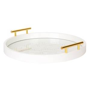 Luxury White Acrylic Round Serving Tray with Gold Metal Handles Geometric Pattern Decorative <b>Coffee</b> <b>Table</b> Vanity Ottoman Tray - Product Image 5
