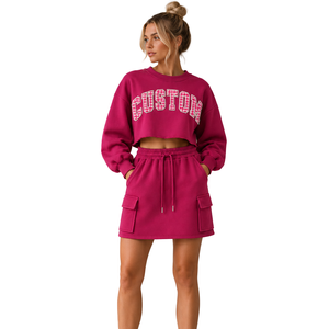 Two Piece Women's Mini <b>Skirt</b> & Crop Sweatshirt Wholesale Custom Gingham Applique Premium French Terry Tracksuit OEM Autumn Wear - Product Image 1