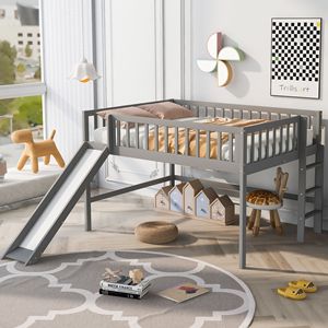 Letto a soppalco a basso profilo per bambini con scaletta e scivolo, colore grigio - Product Image 2