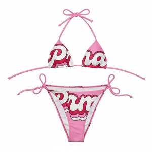 Conjunto de Bikini de Dos Piezas con Cuello Halter y Estampado de Letras a Cuadros/Paisley Rosa para Mujer, con Logotipo Frontal, Tejido Elástico Ecológico - Product Image 1