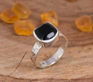 925 Sterling Silver Black Onyx <b>Cushion</b> Ring Handmade Hammered Bohemian <b>Statement</b> Jewelry for Women - Product Image 2