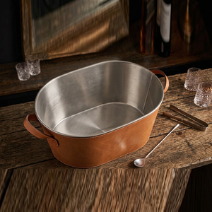Luxury Brown Leather Stitched Double Wall Stainless Steel <b>Ice</b> Bucket Chrome Ring Handles Premium Party Matte Finish Beverage Tub - Product Image 5