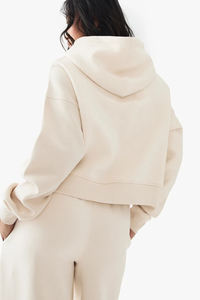Sudadera con capucha cremosa para mujer de talla grande con cremallera y estampado de logo de llama, estilo casual para otoño, de manga larga y longitud corta, de punto de algodón. - Product Image 2