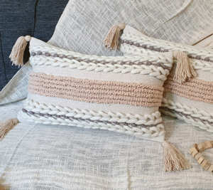 14 x 24 Inches Beige Cotton & Wool Tassel Lumbar Cushion <b>Cover</b> Bohemian Decorative <b>Throw</b> Pillow for Sofa & <b>Bed</b> - Product Image 4