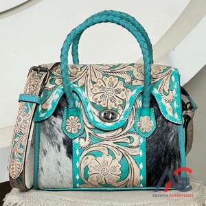 Bolso de mano mini de cuero repujado turquesa premium para mujer, bandolera con diseño floral, bolsos tote de piel con pelo. - Product Image 1