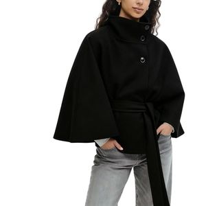 Manteau cape à manches chauve-souris pour femme, en mélange de laine, col montant, ceinturé, épais, pour l'automne et l'hiver - Product Image 1
