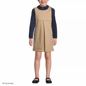 ชุดนักเรียนประถมเด็กผู้หญิง กระโปรงจีบสีกากี แขนกุด ผ้าทอ - Product Image 1