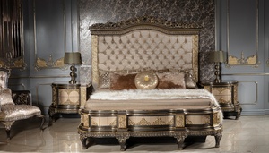 Luxury Solid Mahogany Wood Bedroom Set Royal Gold Carved King <b>Bed</b> with Grand Wardrobe, 2 Nightstands and Dressing <b>Table</b> Set - Product Image 2