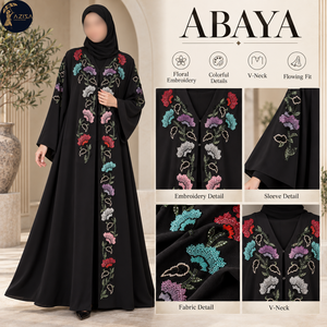 Abaya noire brodée de fleurs avec col en V et manches fluides |   Tenue musulmane modeste longue pour les soirées et les occasions spéciales - Product Image 5