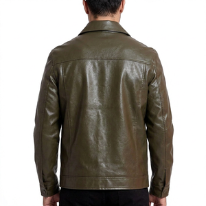 Men's Olive Green Genuine Leather Jacket Workwear Style Turn-down Collar Zipper Closure Regular Fit Autumn Wear - Product Image 5
