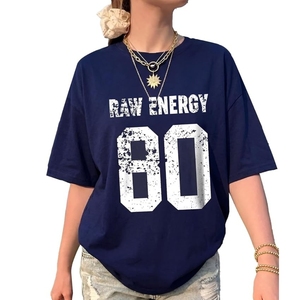 Camiseta Oversize Azul Marino para Mujer con Estampado Raw Energy 80, Corte Holgado, Cuello Redondo, Manga Corta, de Algodón Jersey - Product Image 1