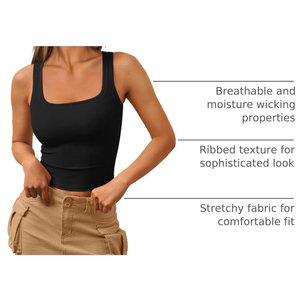 Premium <b>Women's</b> <b>Black</b> Square Neck <b>Tank</b> <b>Top</b> Ribbed Cropped Sleeveless Camisole Casual Breathable Crop <b>Tops</b> Eco Friendly OEM ODM - Product Image 2