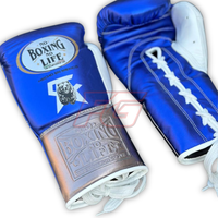 No Boxing No Life Sığır Derisi Deri Boks Eldivenleri Mavi Beyaz Bağcıklı Hızlı Kuruyan Nem Emici Tam Parmaklı Yetişkin Antrenman Eldivenleri