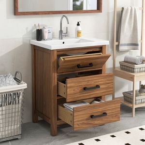 Mobile Bagno Moderno da 24 Pollici con 3 Cassetti, Lavabo in Ceramica e Armadietto Autoportante - Vanità Bagno Moderne - Product Image 1