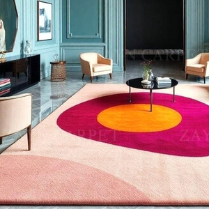 Tapis en laine tufté à la main, motif cercle abstrait rose, tapis géométrique moderne pour salon, chambre à coucher, décoration intérieure, fournisseur en gros - Product Image 3