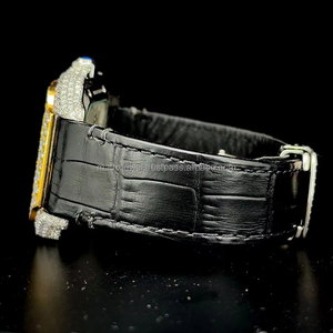 Premium Square Dial <b>Battery</b> Operated Gold two tone Skele-ton Premium black leather band watch diamond <b>tester</b> approved moissanite - Product Image 6