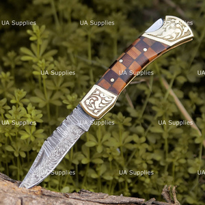 Hand Engraved Brass Accents Handle Damascus Steel Back <b>Lock</b> Folding Knife with Leather Sheath Wholesale Factory Direct OEM ODM - Product Image 2