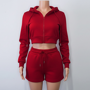 Ensemble 2 pièces noir pour femme, haut court à capuche et short, manches longues, fermeture éclair, sportswear décontracté en polyester tricoté, toutes saisons - Vente chaude - Product Image 6