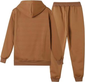 Ensemble survêtement décontracté en coton respirant à capuche marron avec demi-fermeture éclair et pantalon de jogging couleur unie - Product Image 2