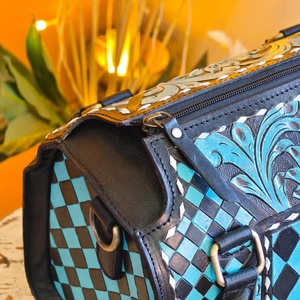 Sky Blue Black Color Hand <b>Tooled</b> Florals Carved Checkered Diamond Pattern 100% Genuine <b>Leather</b> Luxury High Quality Mini Speedy - Product Image 4