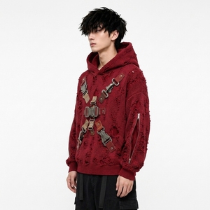 Sudadera con Capucha Premium para Hombre, Estilo Urbano, de Punto Desgastado, Oversize, con Cremallera, Bolsillos Laterales y Tirantes con Hebilla, 100% Algodón - Product Image 2