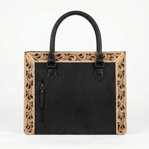 Bolso Tote de Gran Capacidad, Color Negro Sólido, 100% Cuero Genuino, Borde Lateral con Flores Talladas a Mano, Estilo Veraniego - Product Image 3