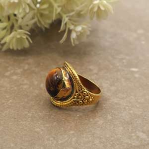 Vintage Boho <b>Tiger</b> <b>Eye</b> <b>Ring</b> Handcrafted 14K Gold Plated Brass Unisex Statement Jewelry - Product Image 2