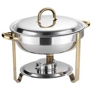 Luxury Round Stainless Steel Chafing Dish with Brown Leather <b>Wrap</b> Palm Tree Embossed Food Warmer for Premium Catering - Product Image 3