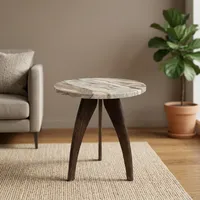 Table d'appoint moderne avec plateau rond en marbre et pieds en bois, meubles de salon faits à la main