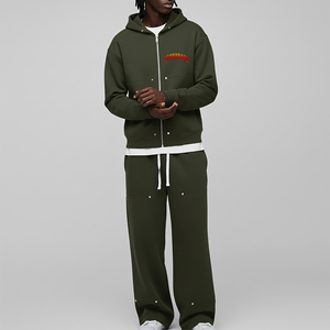 Men's Olive Green Hooded Sweatshirt <b>Set</b> Casual 100% Cotton Fleece Zip-Up Jacket with Letter Print Front Pocket Streetwear - Product Image 4
