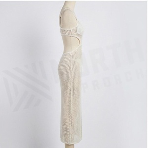 <b>White</b> Knitted Hollow Out Spandex Nylon Midi Dress With Scoop Neck And Side Cutouts For Women - Product Image 3